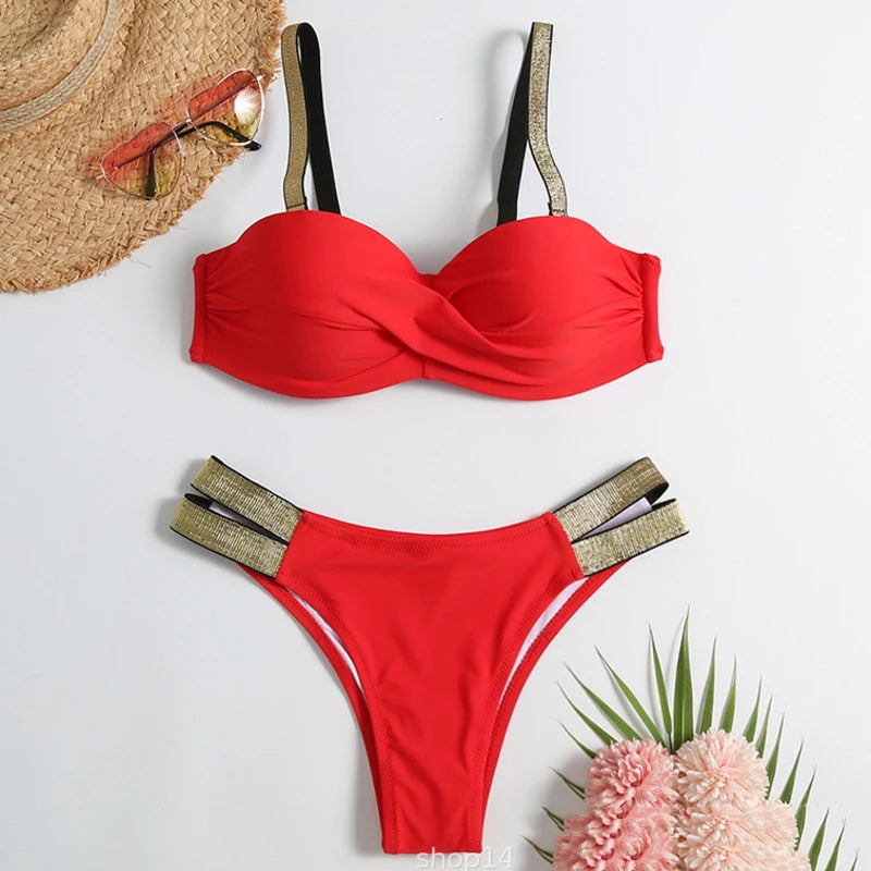 Sexy Bikini-Set in Rosenrot mit Strasssteinen – Push-Up-Badeanzug für Damen am Strand oder Pool