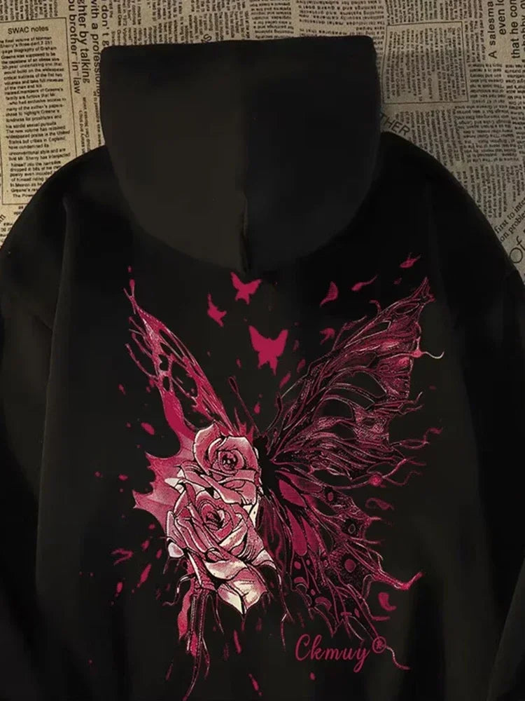 Herren Hoodie mit kreativer Schmetterling Rose Grafik im Hip Hop Stil