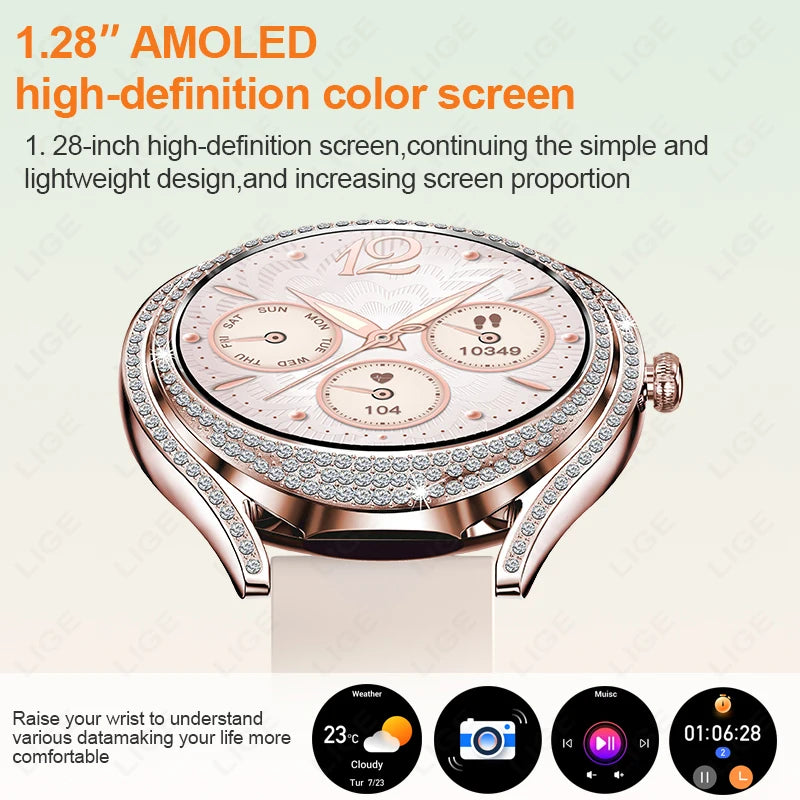 LIGE Neue Frauen Smart Uhr 1,28 Zoll Sport Fitness Armband BT HD Anruf Uhr Wasserdicht Diamant Fall Mode Smartwatch 2025