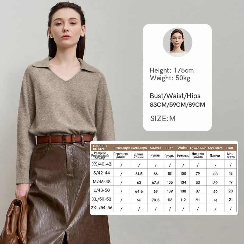 Braun-beiger Damen-Pullover mit V-Ausschnitt, Langarm, lockerer Feinstrick