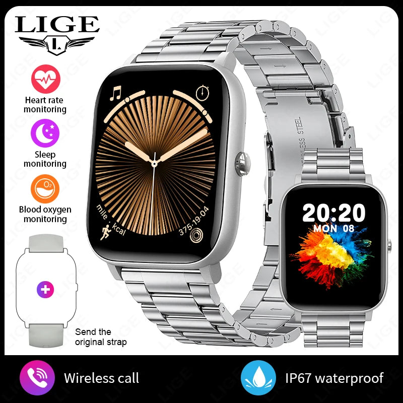 LIGE Modische Smartwatch für Damen, 1,85 Zoll HD-Bildschirm, individuelles Zifferblatt, Herren-Gesundheitsmonitor, Uhr, Bluetooth-Anruf, Sport-Smartwatches