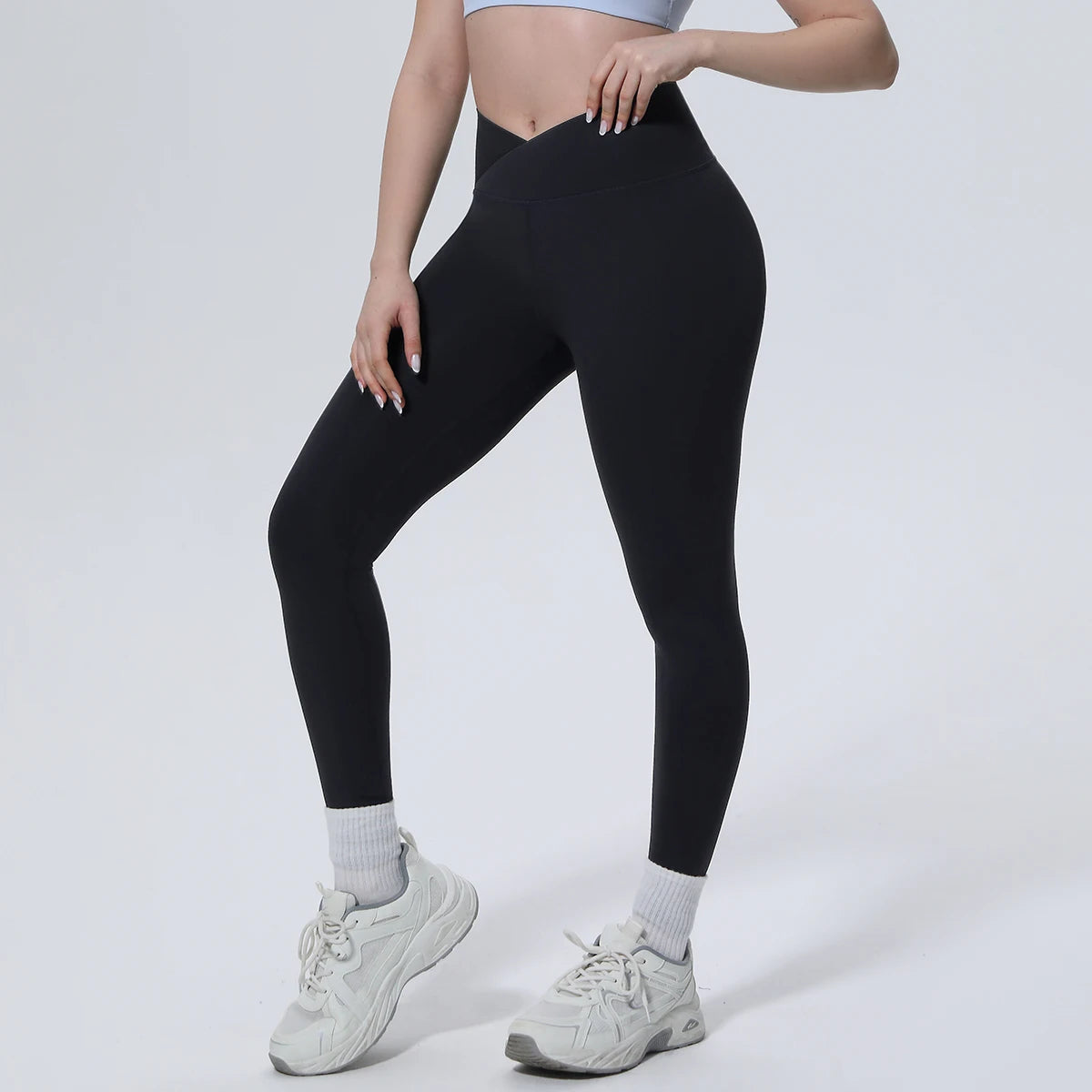 Nahtlose schwarze Yoga-Leggings für Damen, Knöchellänge, überkreuzte Taille