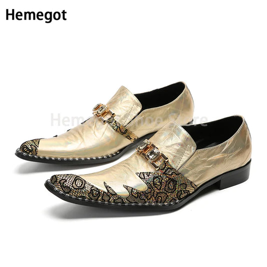 New Pointed Toe Metal Decoration Buckle Men's Gold Brogue Shoes Slip On Genuine Leather Shoes Party Evening Shoes Male