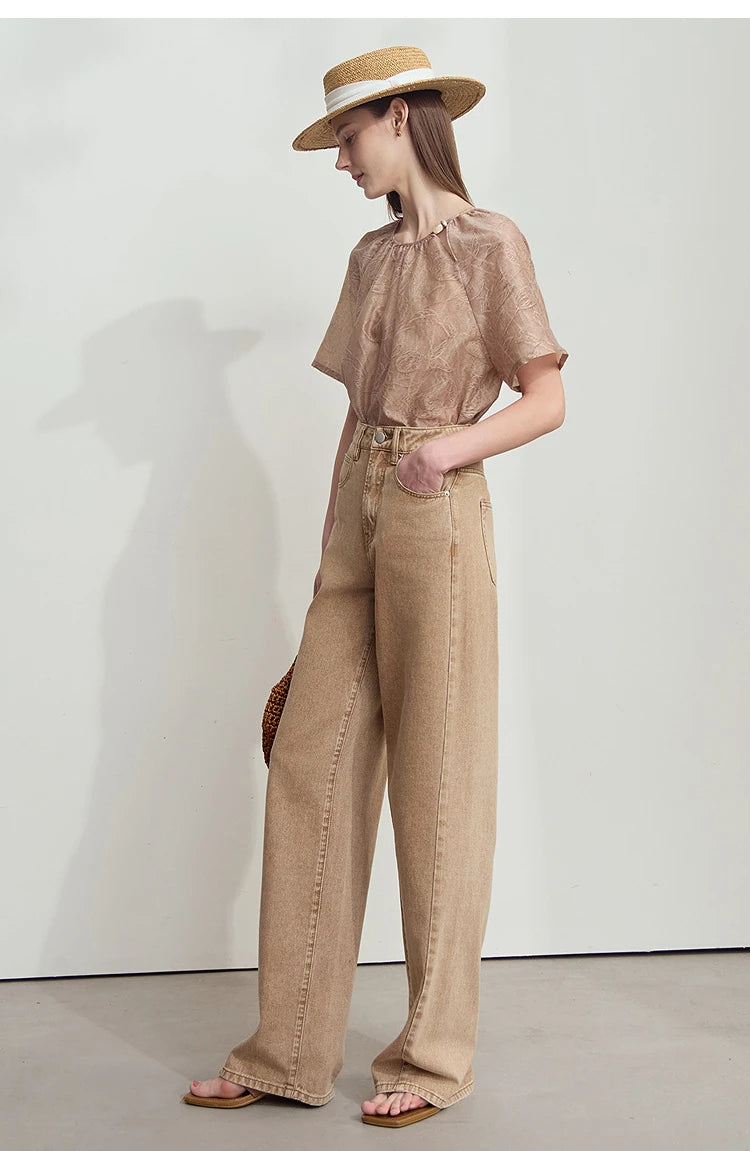 Damen T-Shirt im minimalistischen Sommer-Stil mit Kordelzug und Rundhalsausschnitt