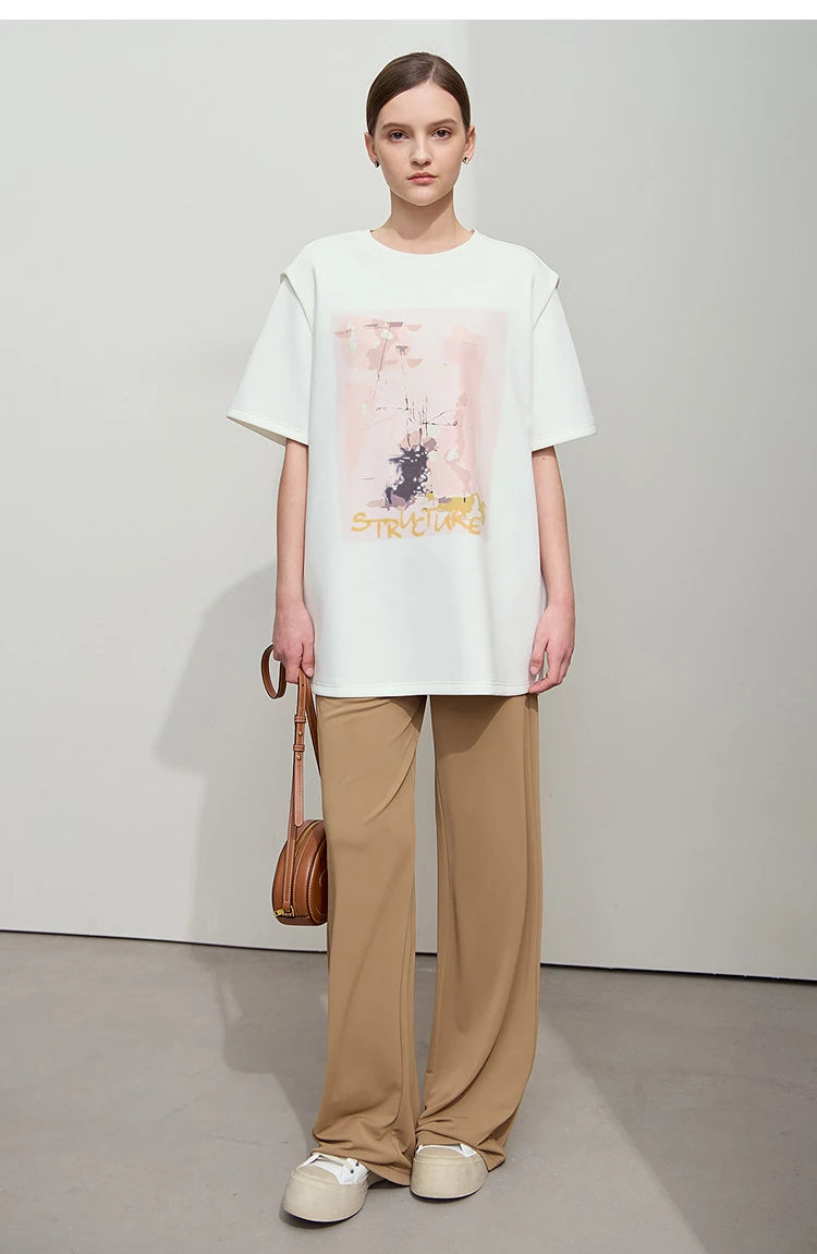 Damen T-Shirt im minimalistischen Stil mit lässigem O-Ausschnitt und Kunstdruck