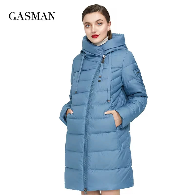 Lange Damen-Winterjacke mit Kapuze und Reißverschluss – modischer, warmer Bio-Parka im Slim-Fit-Design