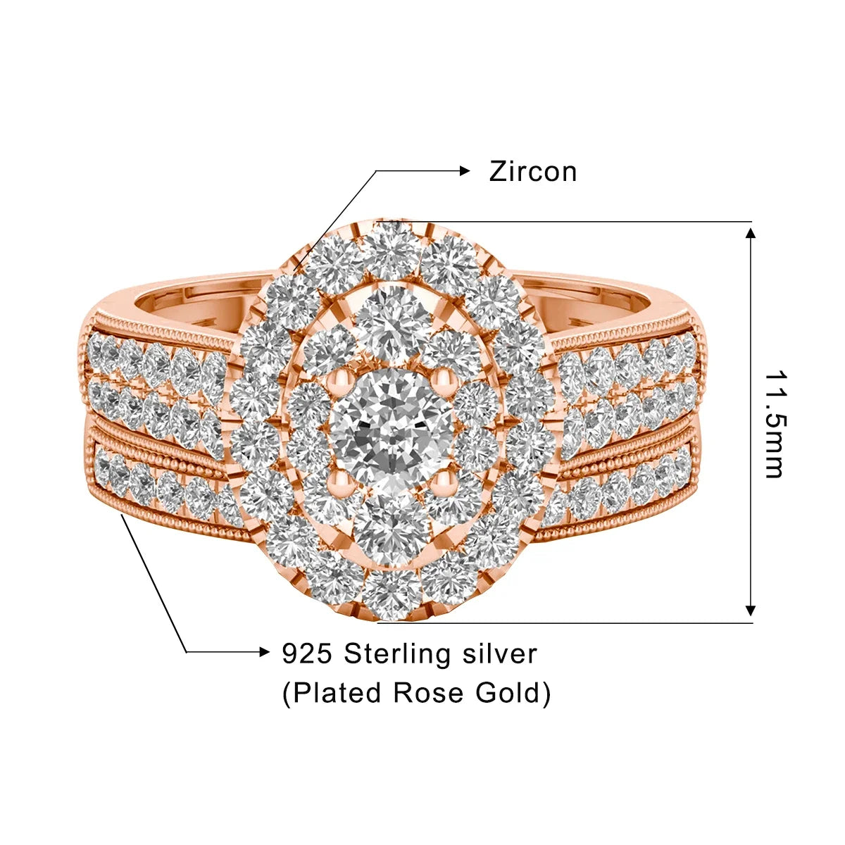 Verlobungsring-Set, Roségold beschichtet 925 Sterlingsilber, Zirkon-Halo