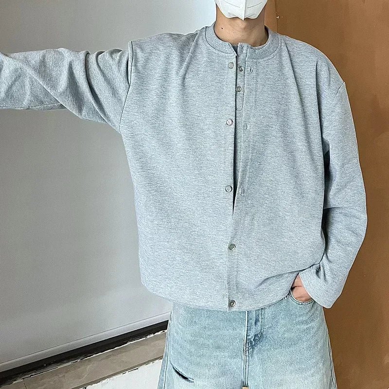 Herbst Vintage gefälschte zweiteilige Sweatshirts für Männer einfarbige Henley Neck Button Jacken koreanische Mode lose y2k Sudaderas