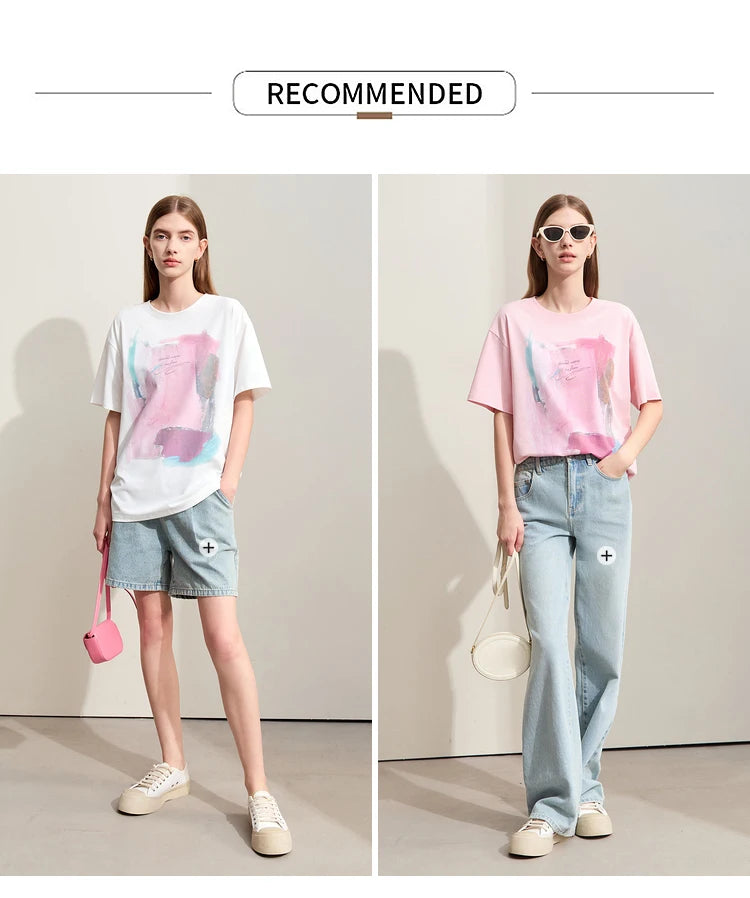 Damen T-Shirts im minimalistischen Stil mit abstraktem Druck für den Sommer