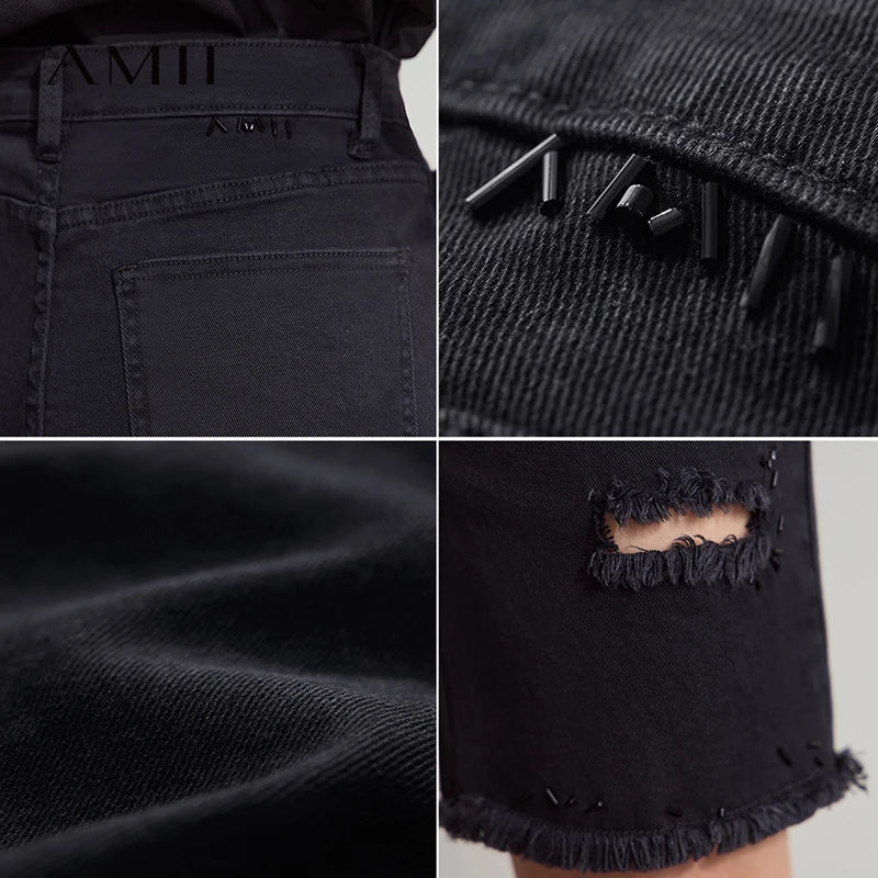 Damen Denim Shorts im minimalistischen Casual-Stil mit Zipper und Loch-Dekoration