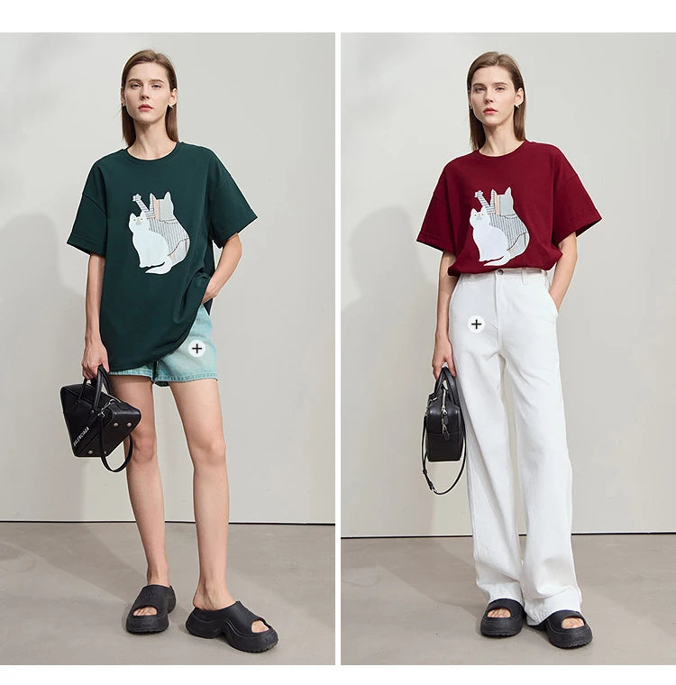 Damen Top im minimalistischen Stil mit O-Ausschnitt und bedrucktem Design