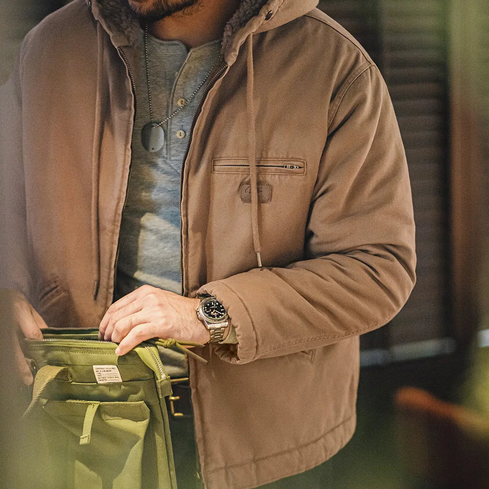 Herren Kapuzenjacke Einfarbig Sherpa-Fleece Baumwolle Taschen