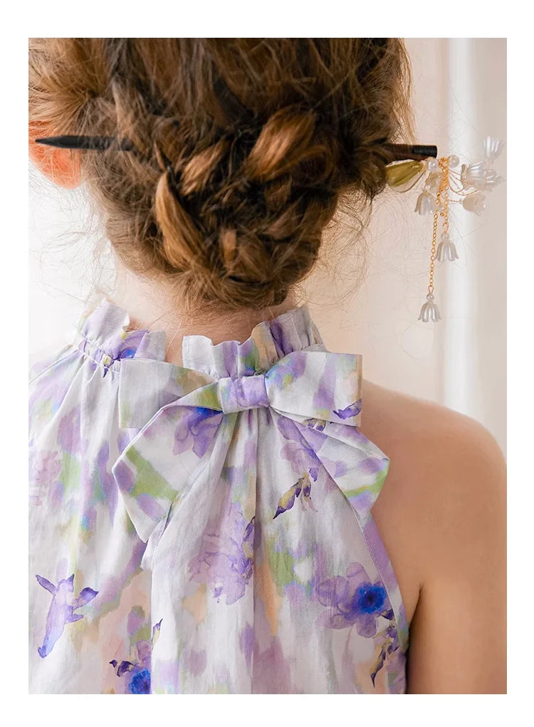 Sommerliches Mädchenkleid aus 100% Baumwolle mit kurzen Ärmeln und Tulpenblumenmuster – niedliche Freizeitkleidung für Kinder von 3 bis 14 Jahren