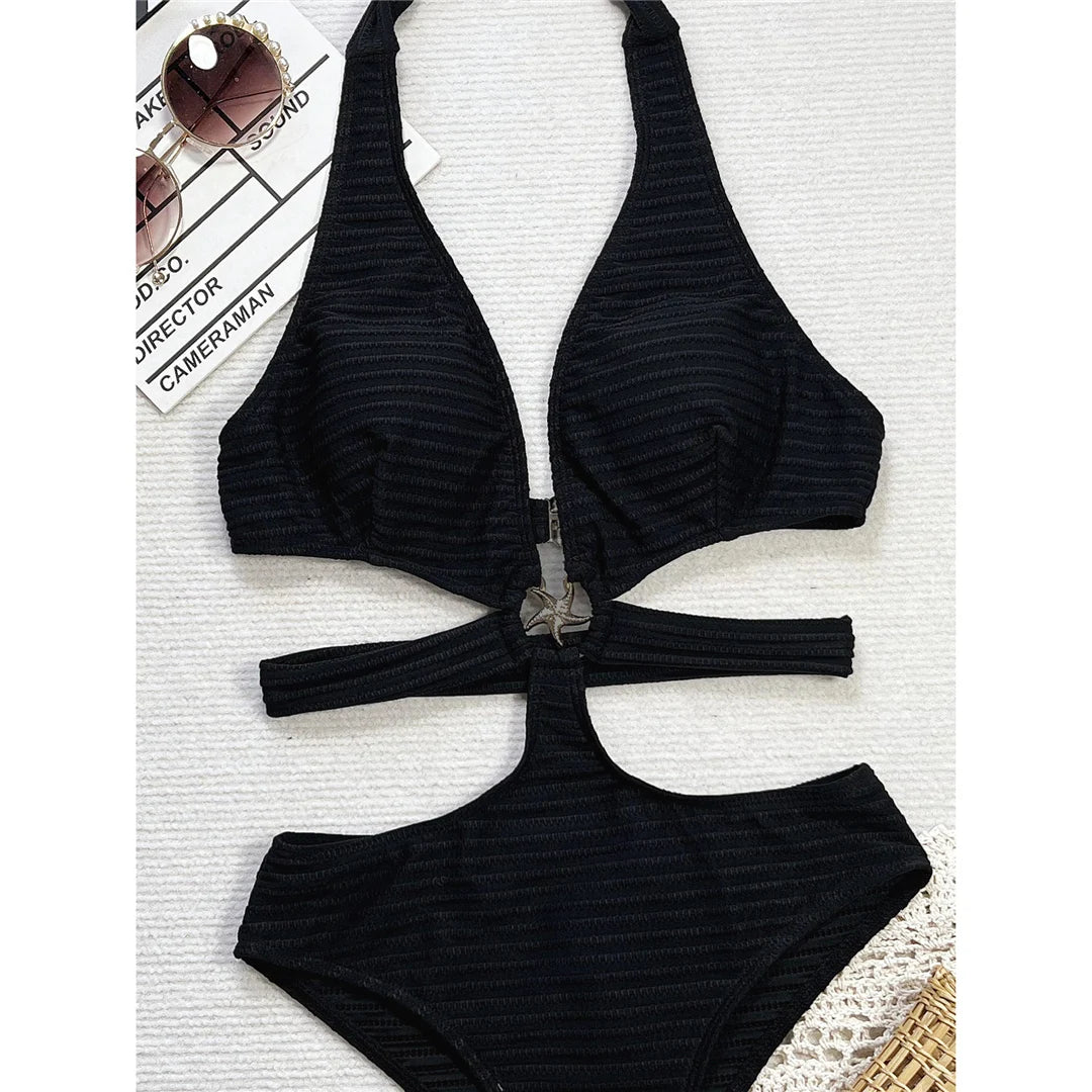 Damen Badeanzug V-Ausschnitt Cut-Out Neckholder gerippt hoher Beinausschnitt gepolstert