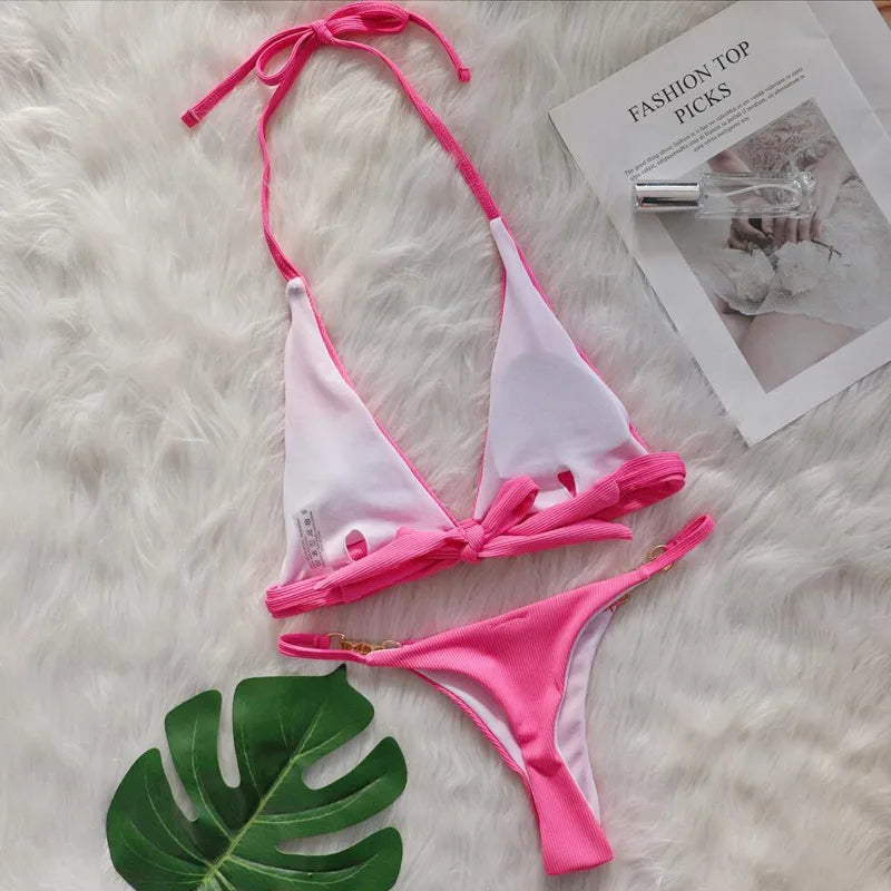 Sexy Bikini-Set mit pinkem Blumenmuster und Push-up-Effekt – ideal für Strand und Pool