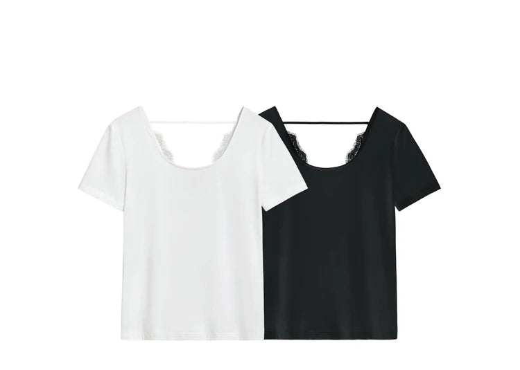 Damen T-Shirt aus mercerisierter Baumwolle mit V-Ausschnitt und Spitzen-Detail