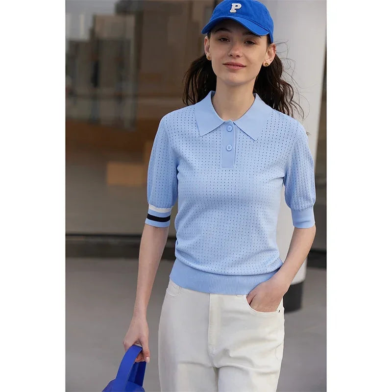 Damen Pullover im Minimalismus-Stil mit Polo-Ausschnitt und Kontrastfarben