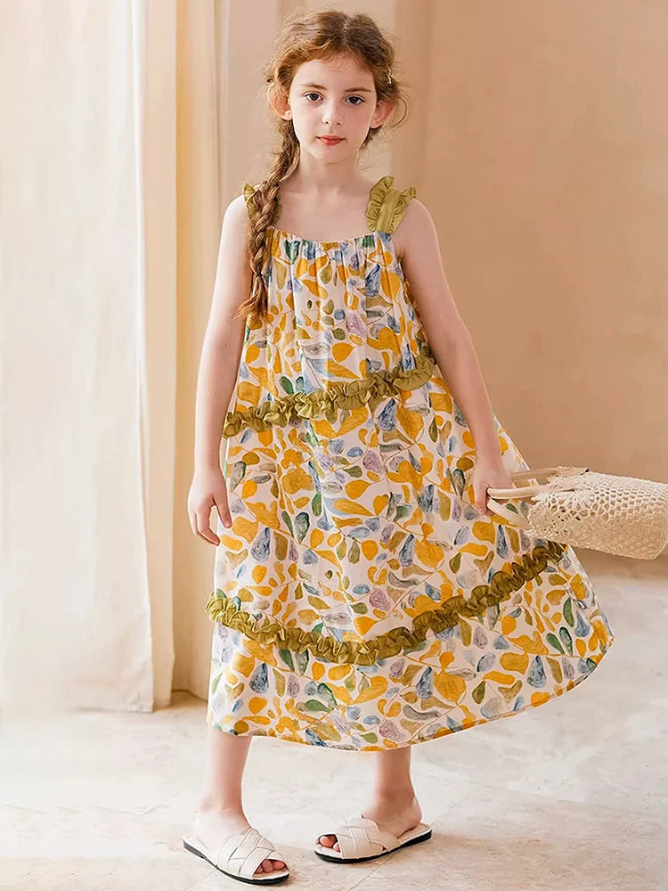 Ärmelloses Sommerkleid für Mädchen im chinesischen Stil aus 100% Baumwolle mit kleinem Blumenmuster – Cheongsam für Kinder von 3 bis 14 Jahren