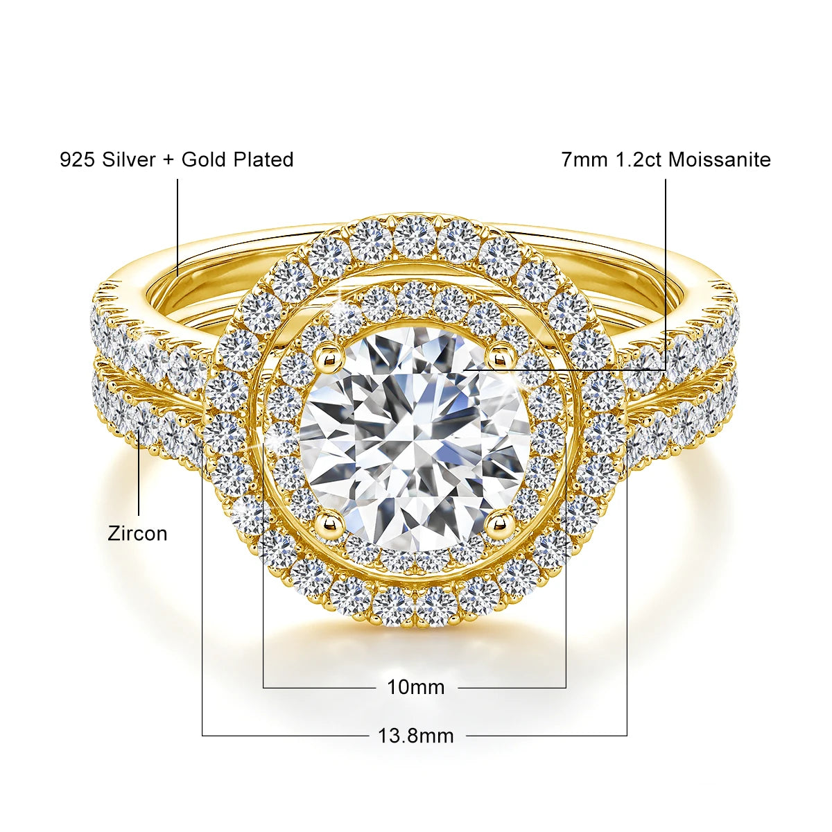 Damen-Verlobungsring-Set aus 925er Silber mit Moissanit Doppel-Halo 7 mm 1,2 ct Luxus-Schmuck
