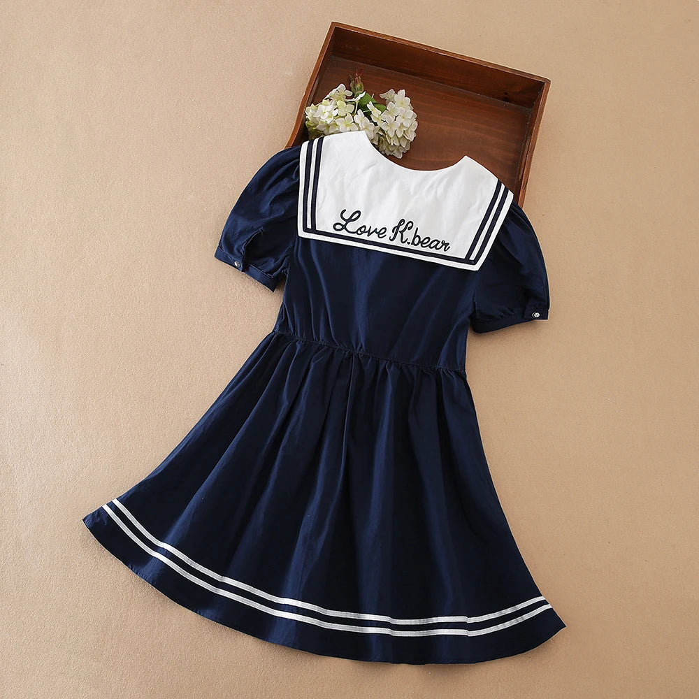 Girls Dress 100% Cotton White Sailor Back to School Dress Suitable for 5-12  Years Old Girls Short Sleeved Summer Dresses
