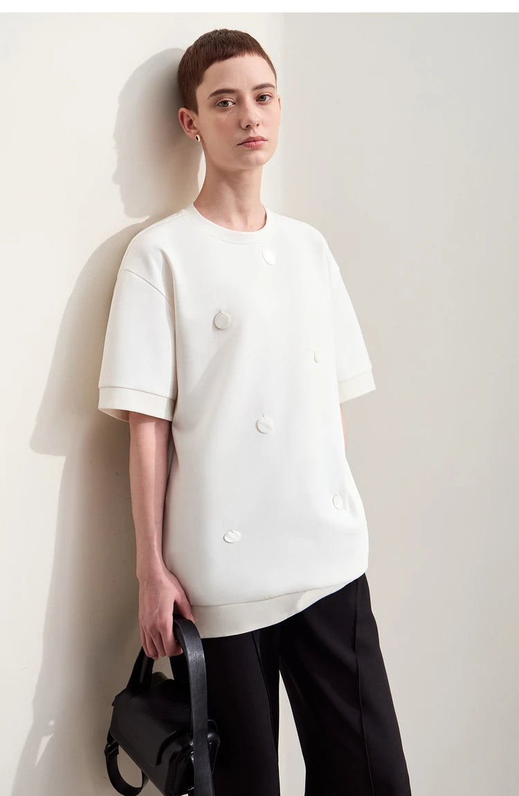 Damen T-Shirts im Minimalismus-Stil mit losem Patchwork und Dekoration