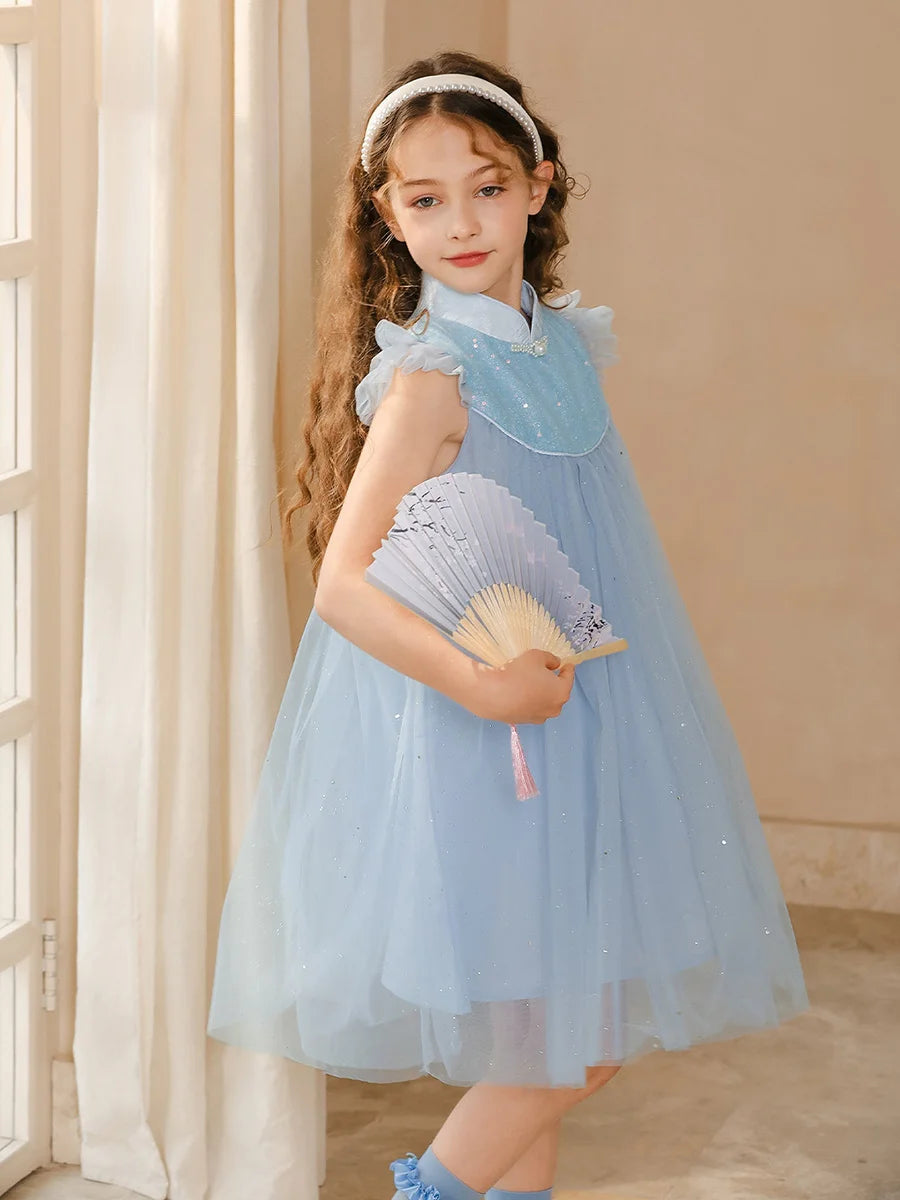 Ärmelloses Sommerkleid für Mädchen mit Blumenmuster und Pailletten – ideal für Hochzeiten und Geburtstagsfeiern