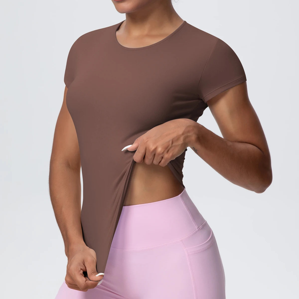 Damen-Yoga-Shirt, kurzarm, braun, Rundhalsausschnitt, figurbetont