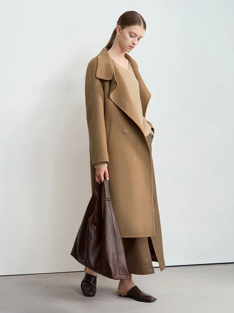 Damen Tweed Mantel im Winter-Look mit Stehkragen und Gürtel