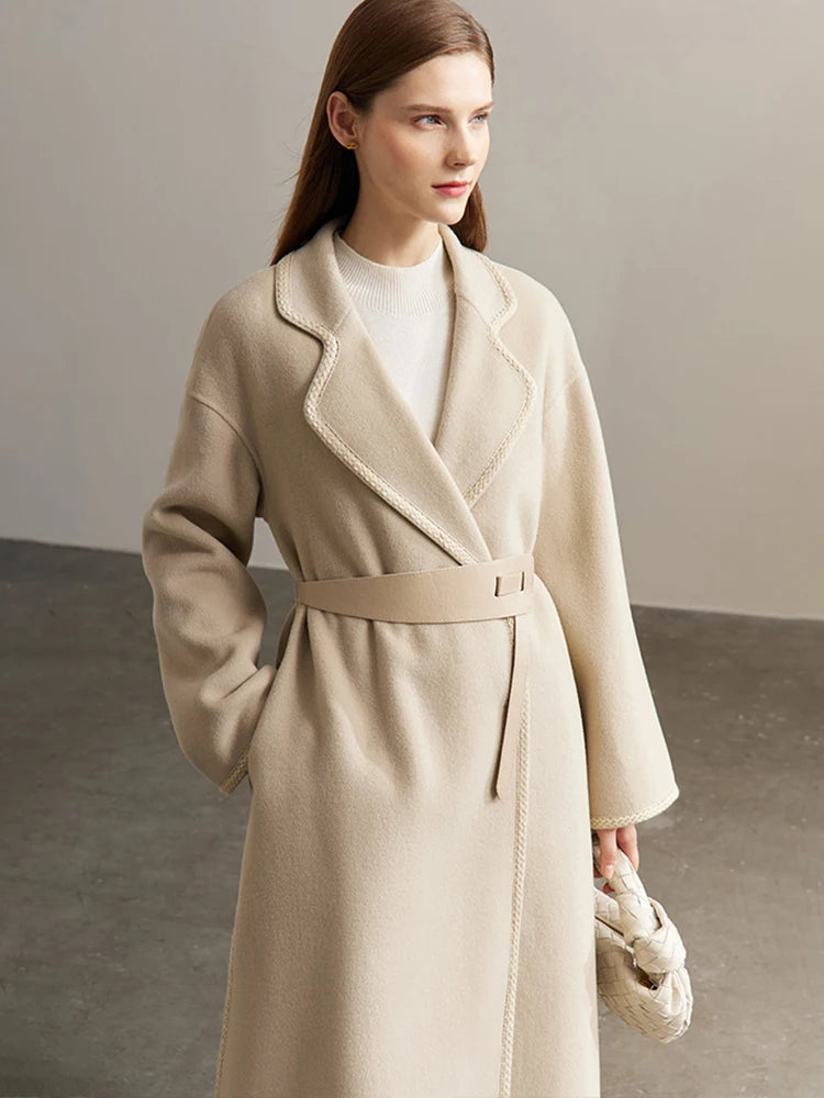 Damen Wollmantel im eleganten Retro-Stil mit Gürtel und Revers