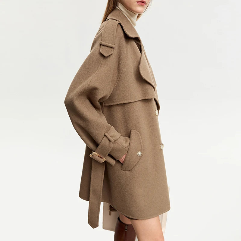 Damen Mid-Length Wollmantel im minimalistischen Stil mit Gürtel und Taschen