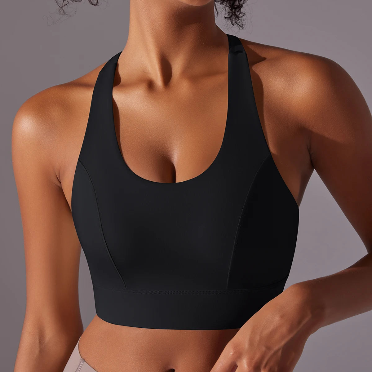 Sport-BH Yoga-Top, schwarz, Racerback, breite Träger mit Rundhalsausschnitt