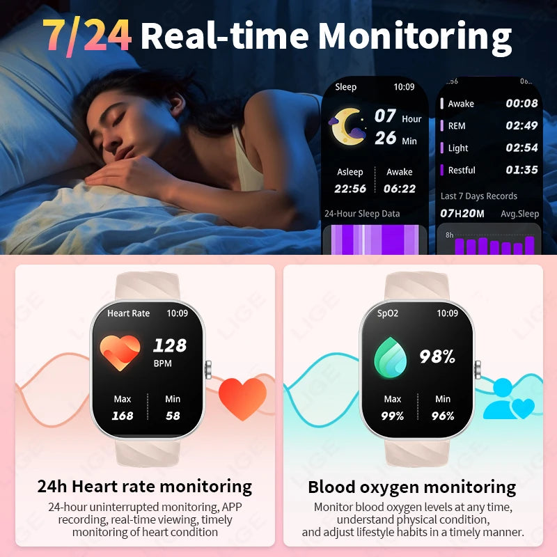 LIGE Neue Smartwatch mit Sprachanruf, ultragroßer 2,01'' HD-Bildschirm, 24-Stunden-Gesundheitsmonitor, Smartwatch, 100+ Sportmodi, modische Zifferblätter