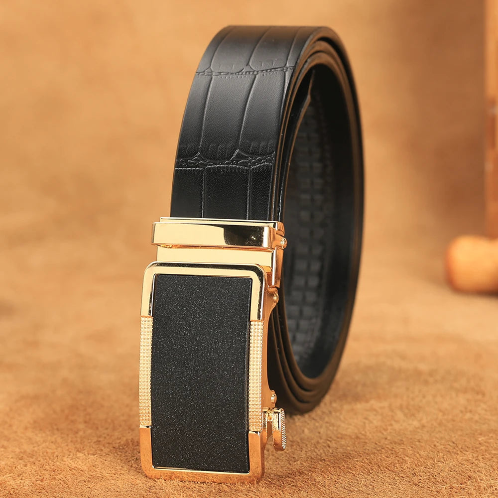 Herren Echtleder-Gürtel Krokodilmuster 3,5 cm Gold Automatik-Schnalle Rindsleder