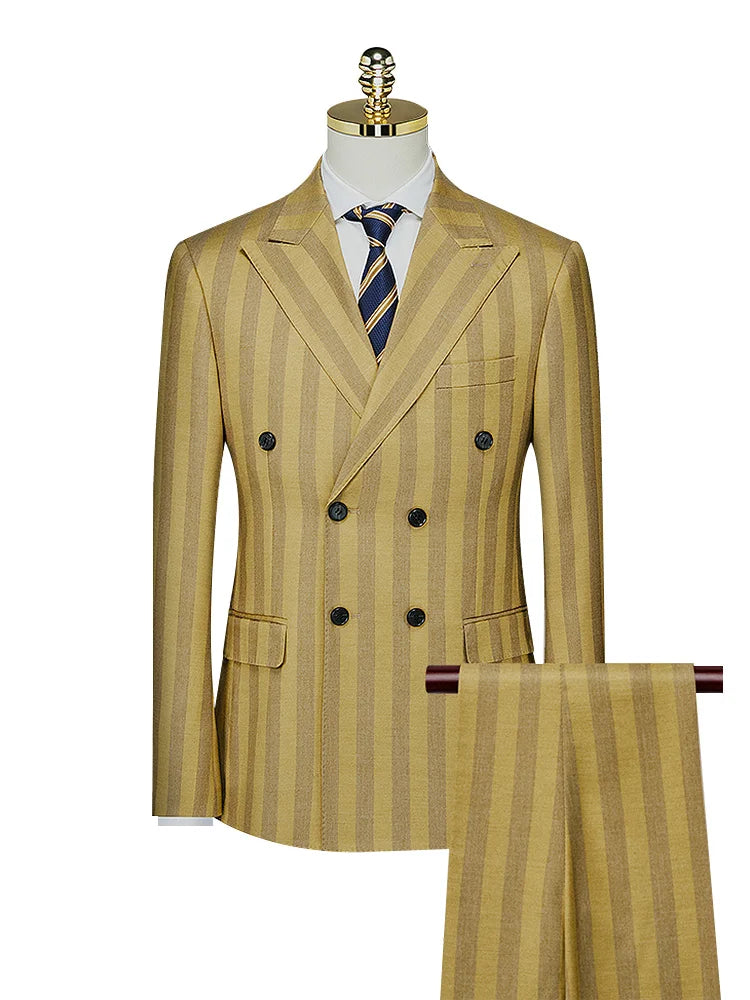 Luxuriöses Herrenanzug-Set mit Blazer, Weste und Hose in Khaki-Streifen – Slim Fit für Hochzeit, Party oder Bühne.