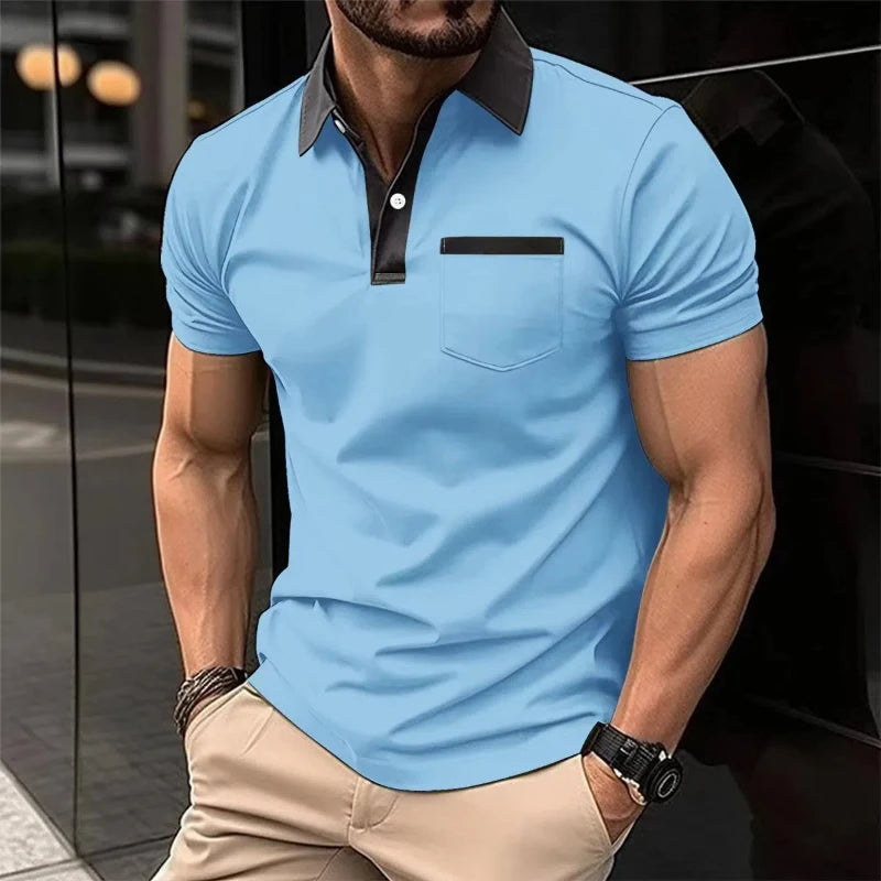Herren-Casual-Poloshirt mit V-Ausschnitt und Knopfleiste – gestreiftes, vielseitiges Business-T-Shirt