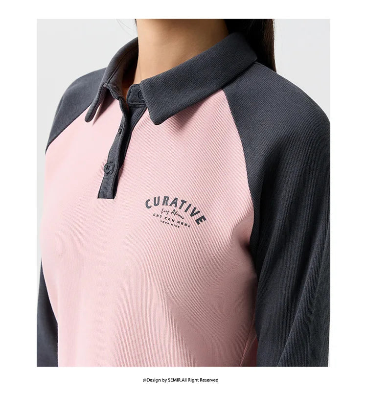Semir Poloshirt für Damen, kurzer Stil, schmal, farbblockiert, Raglanärmel, 2024, Frühjahr, neues Oberteil mit Buchstabendruck