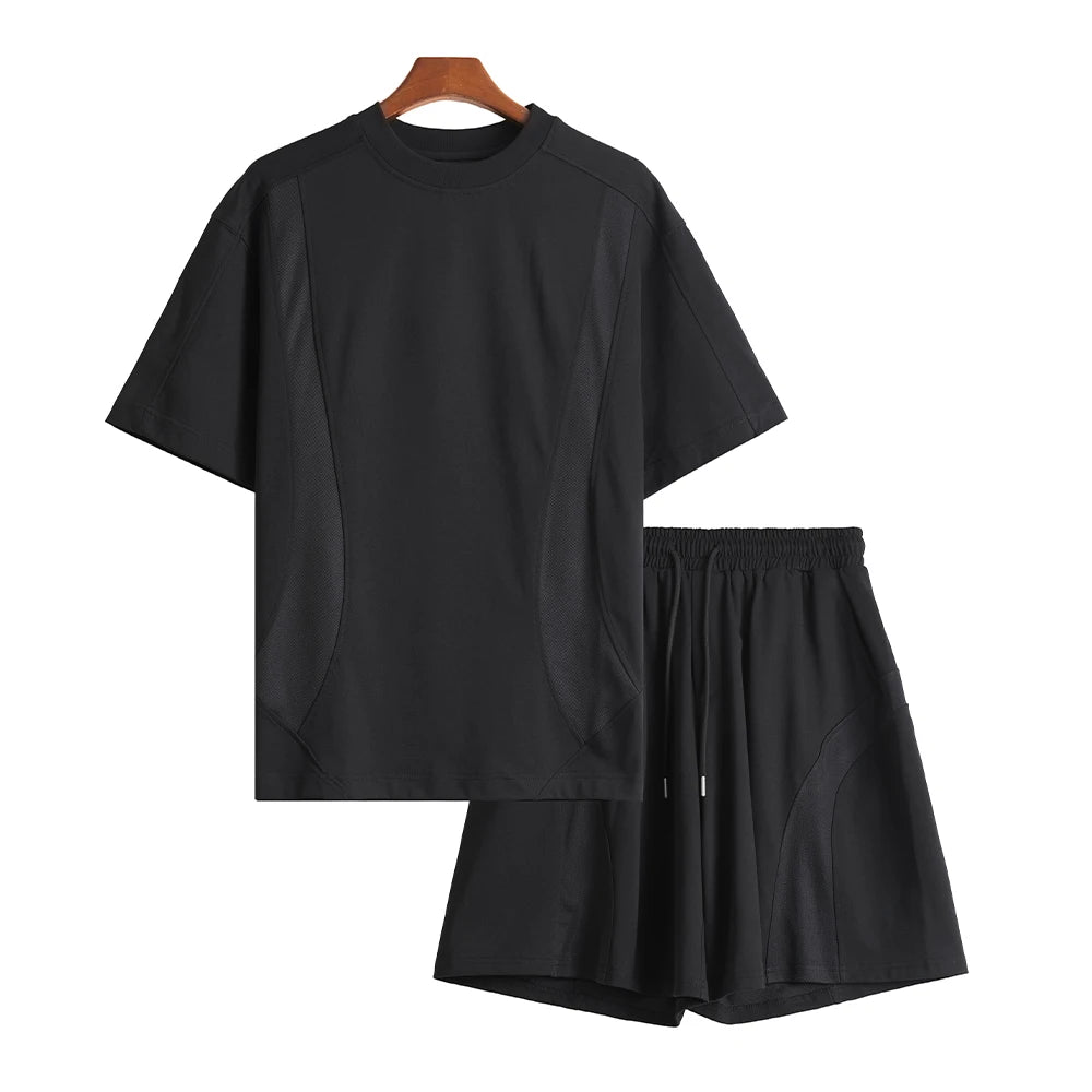 Männer Sport Anzug mit einfarbigem Rundhals T-Shirt und Kordelzug Shorts
