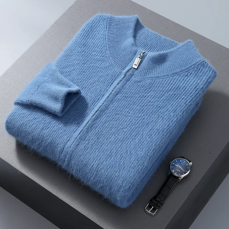 Pullover aus 100 % reinem Nerz-Kaschmir für Herren, Stehkragen, verdickte Strickjacke, Herbst/Winter, warm, lässig, gestrickt, große Oberteile mit Reißverschluss