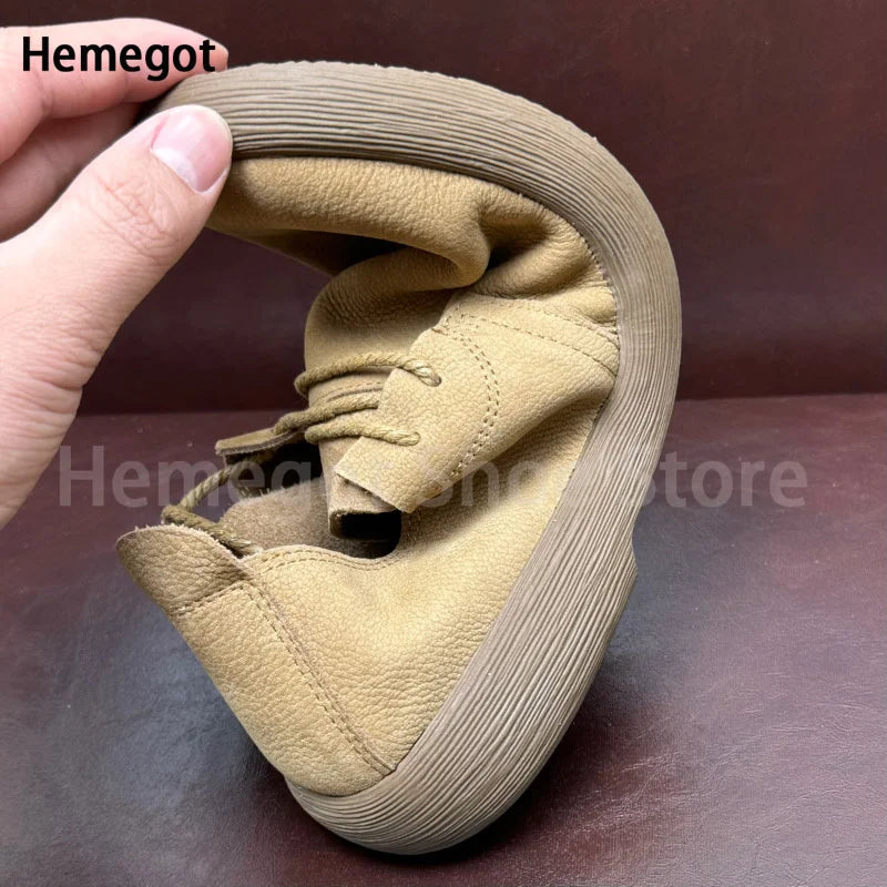 Big Round Toe Men's Shoes Soft Leather Soft Soled Flats Breathable Durable Casual Shoes Handmade Lace-Up Shoes Men's Shoes