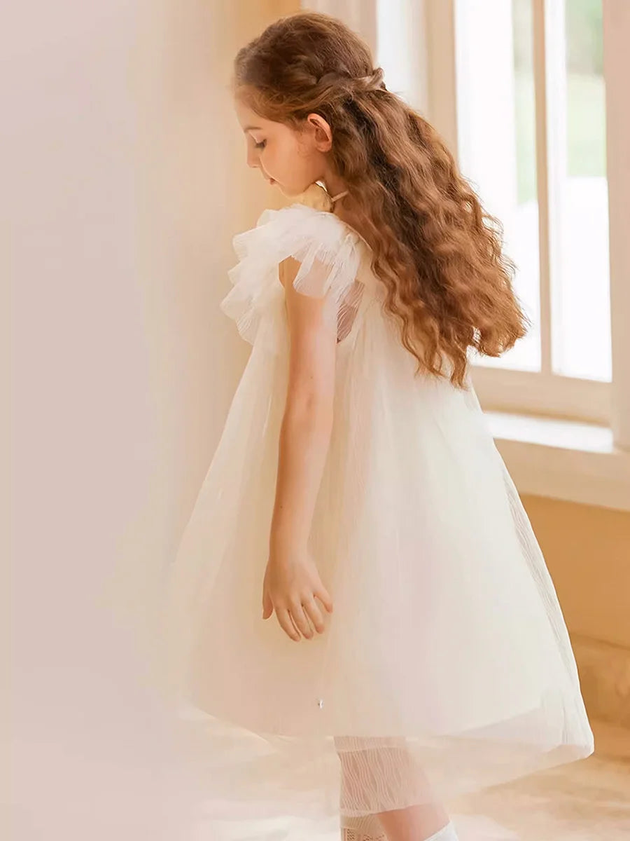 Beiges Sommerkleid für Mädchen im französischen Prinzessinnenstil mit kurzen Ärmeln – ideal für Geburtstagsfeiern und Hochzeiten, geeignet für Kinder von 110 cm bis 170 cm