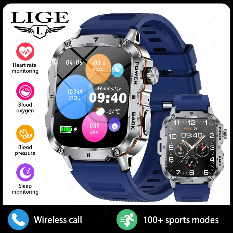 LIGE Outdoor Militär Sport Smart Uhr Männer Frauen Fitness Track Herzfrequenz Blut Sauerstoff Wasserdicht BT Anruf 1,95-Zoll Smartwatch