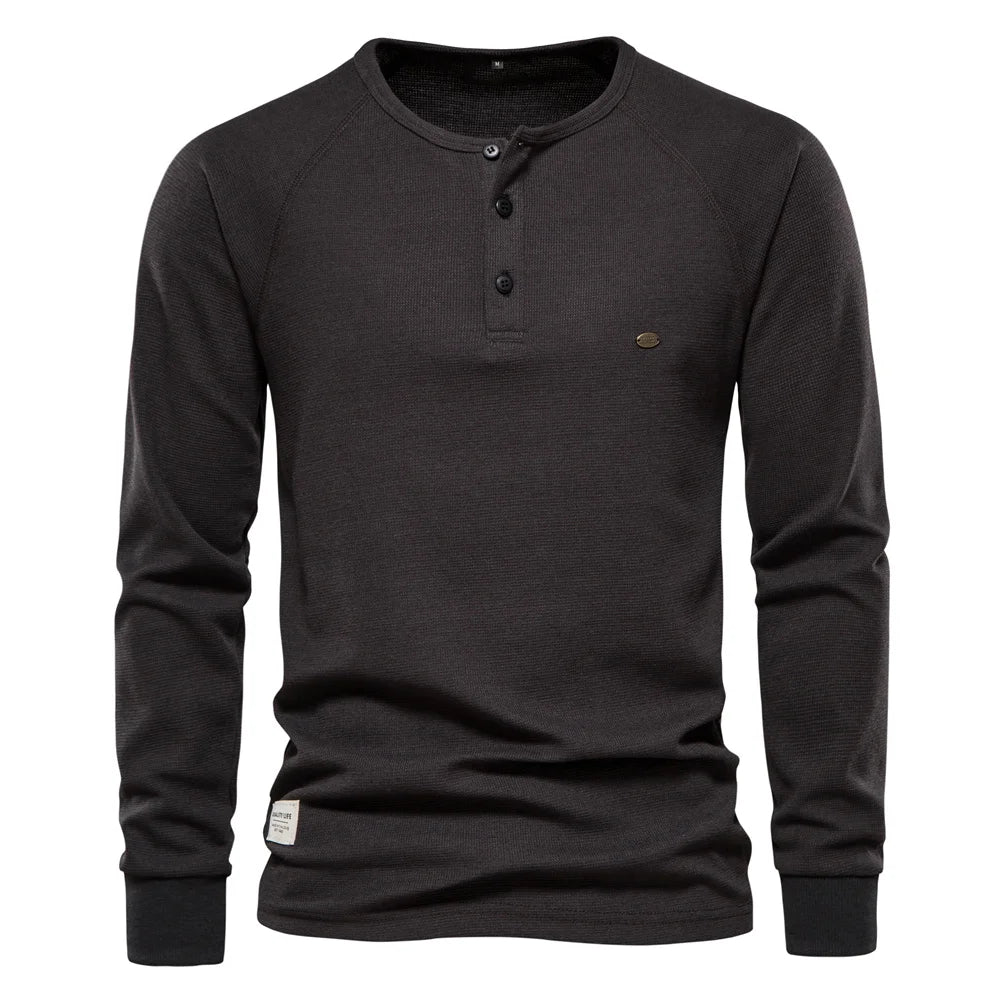 Herren Langarm Waffel Henley T-Shirt in fester Farbe für den Herbst