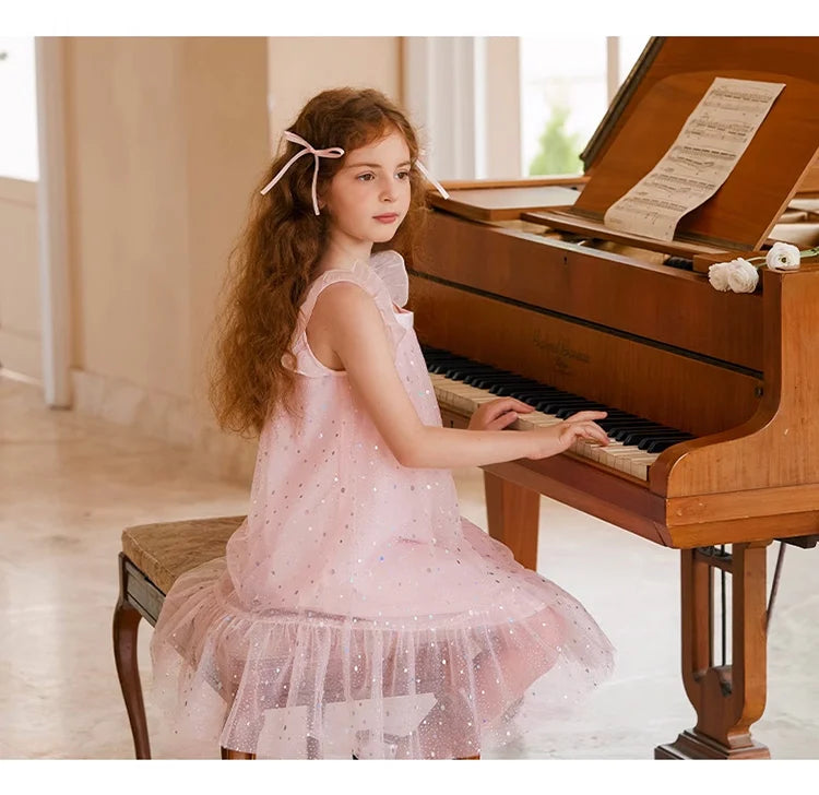 Rosa Prinzessinnen-Kleid für Mädchen mit Pailletten und Gaze – Sommerliches Partykleid für Kinder von 3 bis 12 Jahren