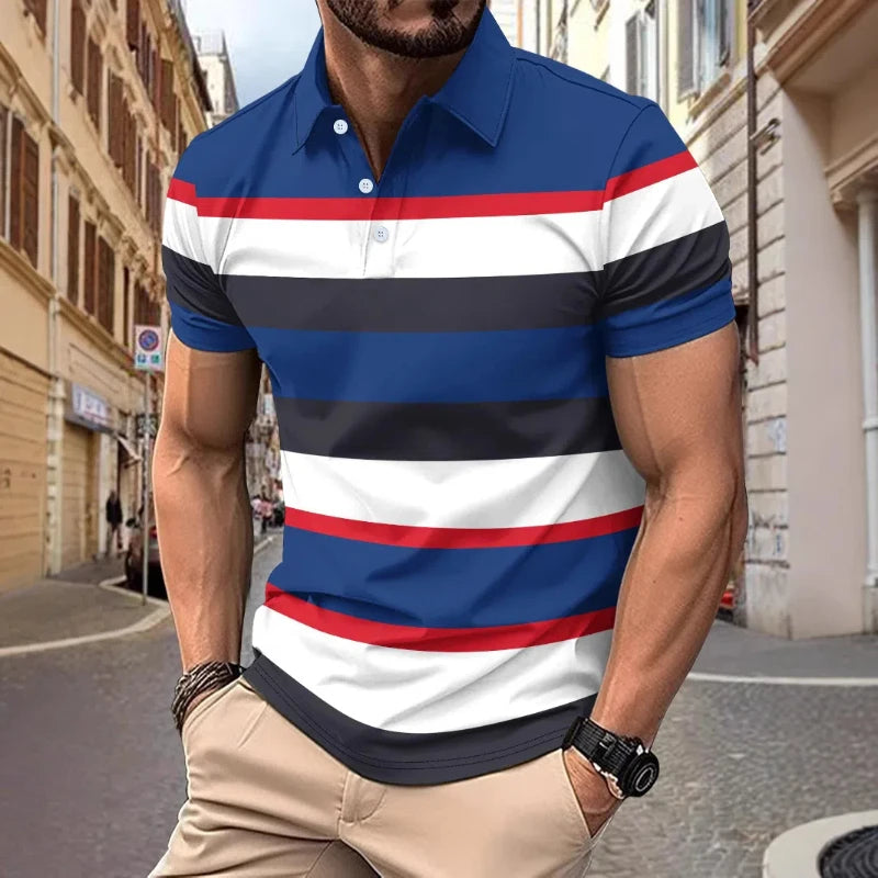 Herren-Poloshirt mit bedrucktem Revers und Knopfleiste – vielseitiges Business-Shirt im Colorblock-Design
