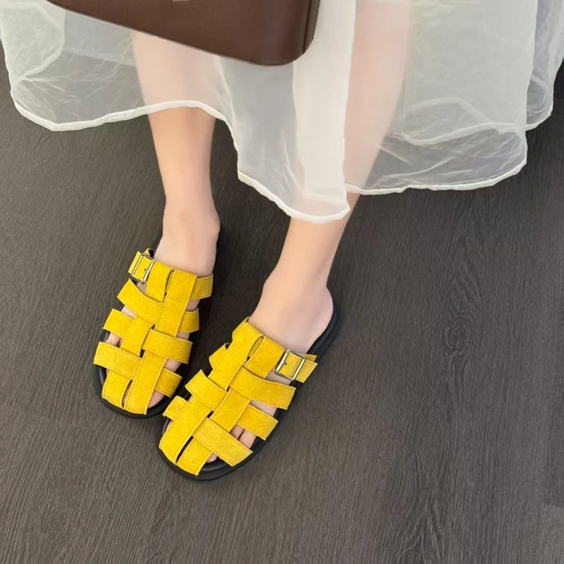 AIYUQI Frauen Geschlossene Zehen Hausschuhe Nicht-slip Schwein Käfig Woven Hausschuhe Für Frauen Große Größe Echtes Leder Sommer Weibliche hausschuhe