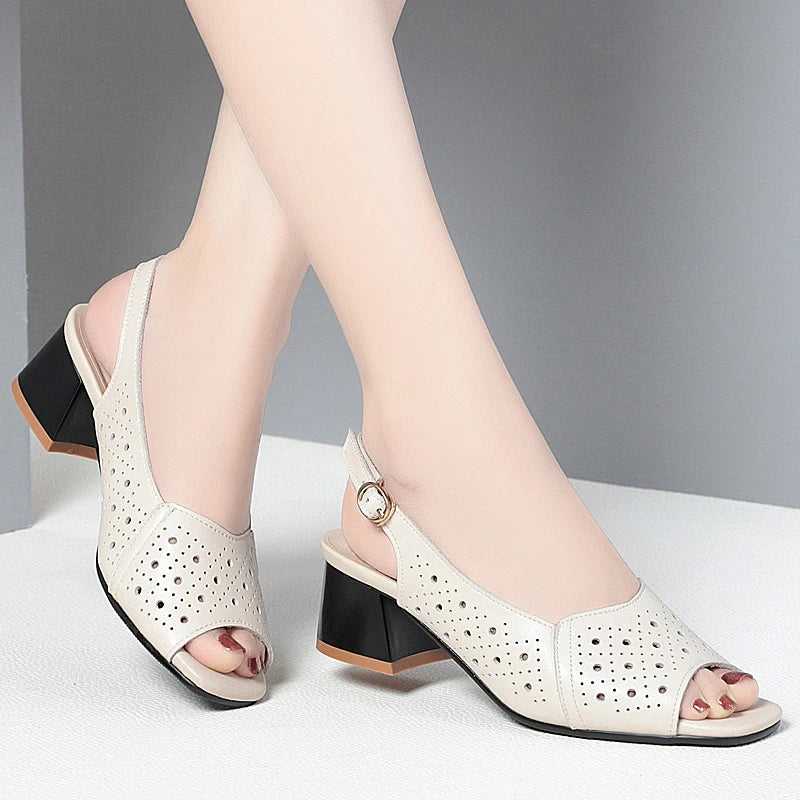 AIYUQI Sandalen für Damen, Sommer, 2022, neue Fishmouth-Sandalen aus echtem Leder, Blockabsatz, große Größe, Sandalen für Mütter mittleren Alters