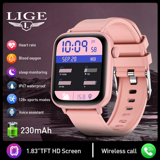 LIGE 2024 Männer Frauen Smart Uhr 1,83 Zoll Bluetooth Sprachanrufe Armband Informationen Warnungen Fitness Smartwatch Für IOS Android