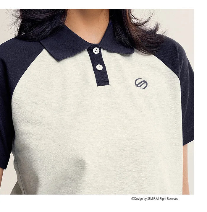 Semir Frauen Polos hirt Sommer neue Farbe Blocking Schulter fallende Ärmel American Retro Top strukturierte Kleidung Trend