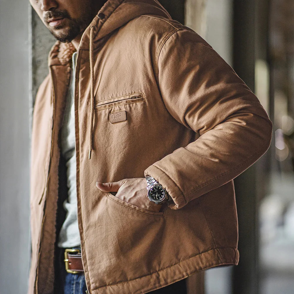 Herren Kapuzenjacke Einfarbig Sherpa-Fleece Baumwolle Taschen