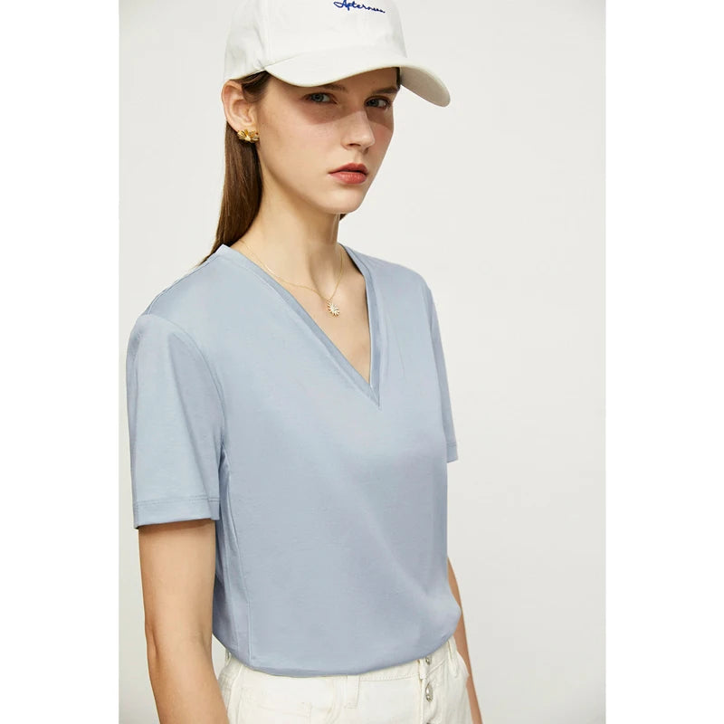 Damen Tops im Minimalismus-Stil mit V-Ausschnitt und kurzen Ärmeln